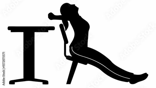 Silhouette of woman stretching on chair with table beside her in a black and white illustration style