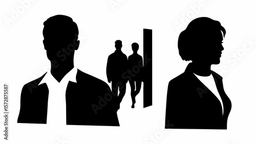 Silhouettes of business professionals man and woman with two people walking through doorway in back