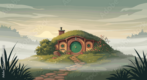 Hobbit house nestled on hill surrounded by misty landscape at dawn  