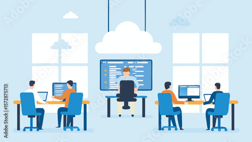 Illustration of people working at computers in an office environment with a cloud overhead design