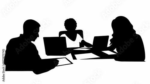 Silhouette of three people working at a table with laptops and papers in a business meeting setting