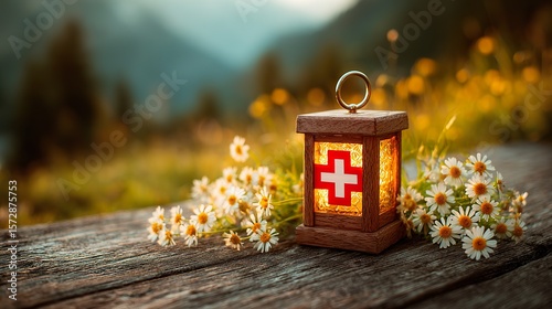 Swiss National Day Celebration: Close-Up of Traditional Wooden Table with Illuminated Flag Lantern, Alpine Flowers, and Golden Cheese Fondue, Set in Cozy, Shadowy Mountain Meadow Scene