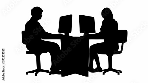 Silhouette of two people working at computers sitting at a desk in an office environment setting design