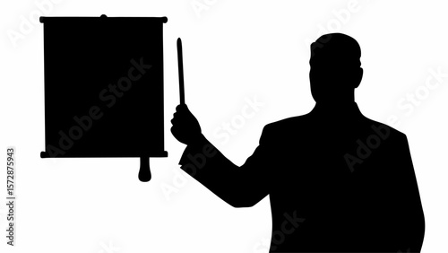 Silhouette of a man in a suit presenting with a pointer next to a blank presentation screen display