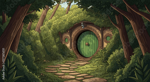 Hobbit door nestled in lush greenery along a winding pathway  
