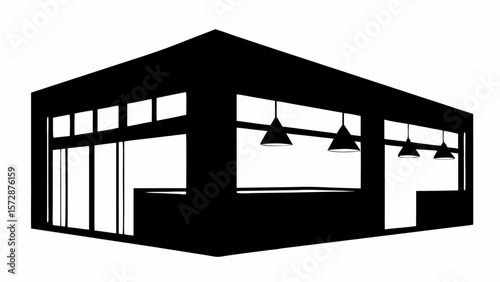 Silhouette of a building with large windows and hanging lights in monochrome style and simple perspective