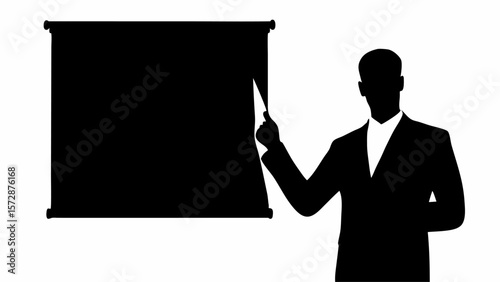 Silhouette of a man in suit presenting a black screen with a white background in a presentation setting