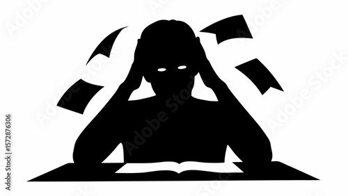 Silhouette of person at desk with book and flying papers showing stress and frustration from work overload