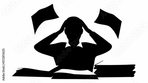 Silhouette of stressed person at desk with hands on head and papers flying in the air around them