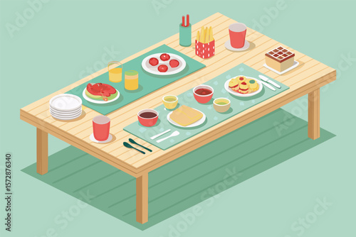 Isometric vector scene of a lunch table setting.