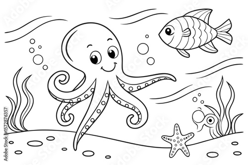 Line art of a smiling octopus, fish, and starfish underwater, kids coloring page, black and white, playful and easy to color