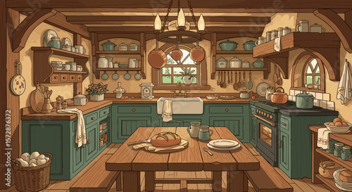 Cozy rustic hobbit kitchen with wooden furniture 