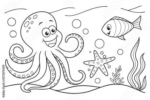 Line art of a smiling octopus, fish, and starfish underwater, kids coloring page, black and white, playful and easy to color