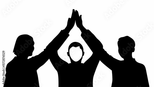 Silhouette of three people doing a high five together in black and white against a white background