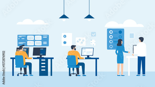 Illustration showing people working in an office setting with computers and wall mounted displays and lights