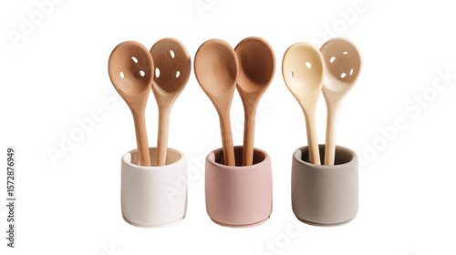 A matte finish ceramic spoon set with notch stand, white background --ar 16:9