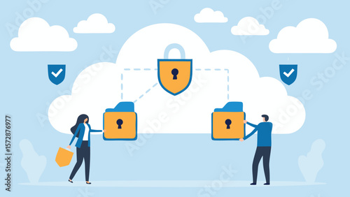 Illustration of cloud data security with people folders and padlock in a light blue background scene
