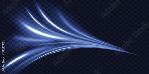 Blue wind waves effect. Abstract light motion trails with sparkles isolated on black background. Fresh cold air blowing from conditioner or cooler, vector realistic set