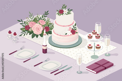 Vector isometric wedding table with cake and cutlery.