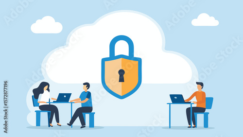 People working on laptops with a secure cloud storage solution represented by a padlock icon above them