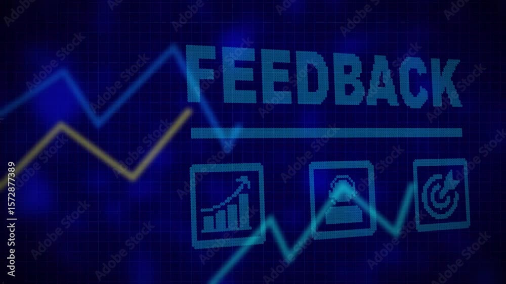 A Feedback business concept on a flashing computer monitor with moving graphs and data. histogram business graph Statistic and data, information infographic on digital technology strategy background.