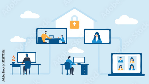 Illustration of remote work and video conferencing with people working from home and secure connection