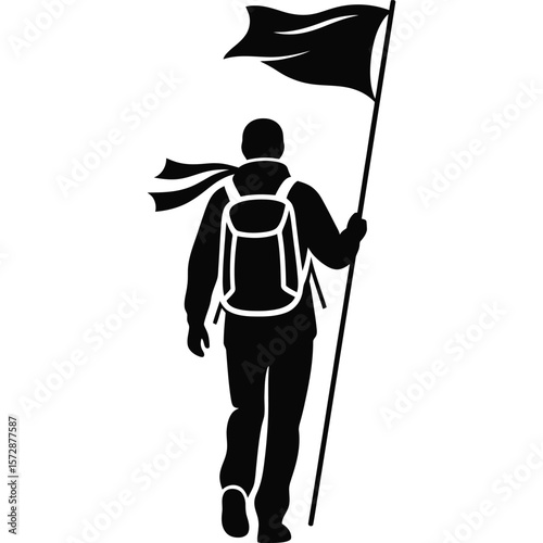 A silhouette of a person walking with a backpack and holding a flag on a white background image
