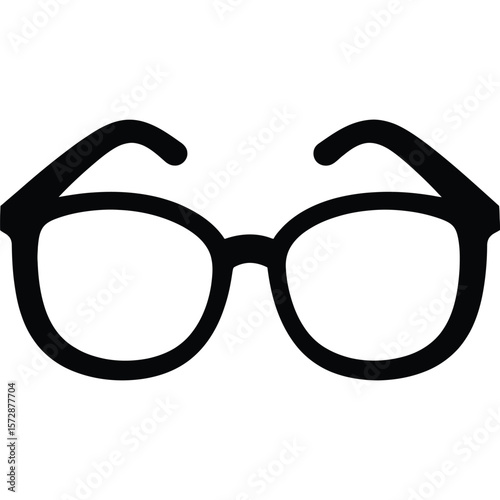 A simple black and white illustration of eyeglasses with round lenses and thick frames on white background silhouette