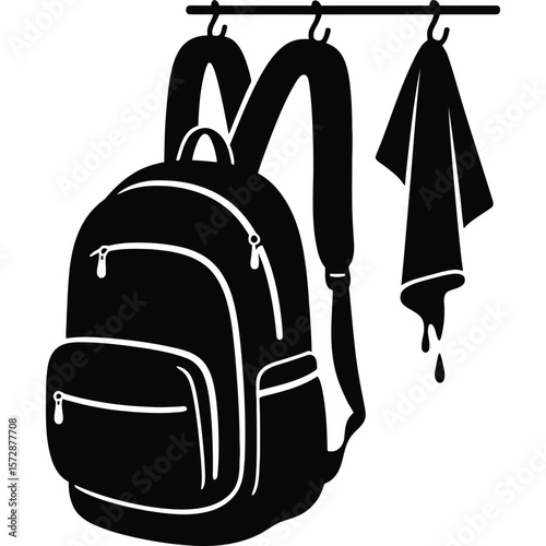 A black and white illustration of a backpack and towel hanging from a rod with hooks isolated art silhouette