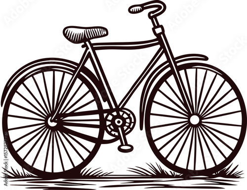Hand drawn vintage bicycle illustration with detailed wheels and classic frame isolated on white background