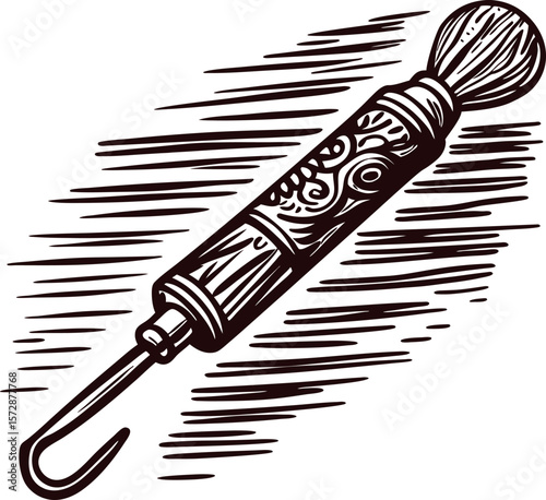 Hand drawn vintage meat hook with engraved ornate handle detailed line illustration isolated on white