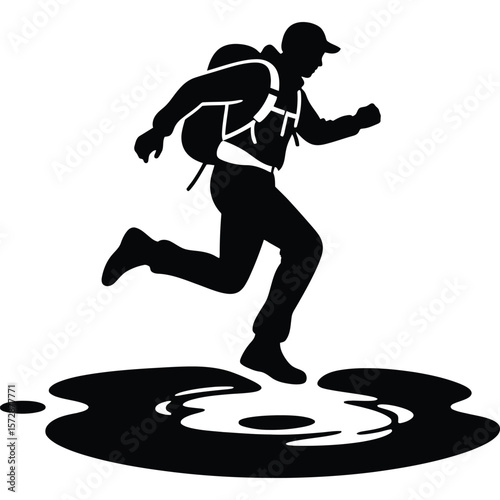 A silhouette of a hiker with a backpack jumping over a puddle on a white background illustration