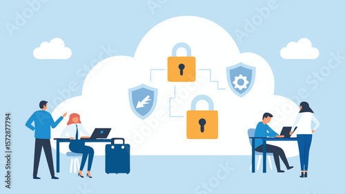 People working with cloud security and data protection with padlocks and shields in a light blue scene
