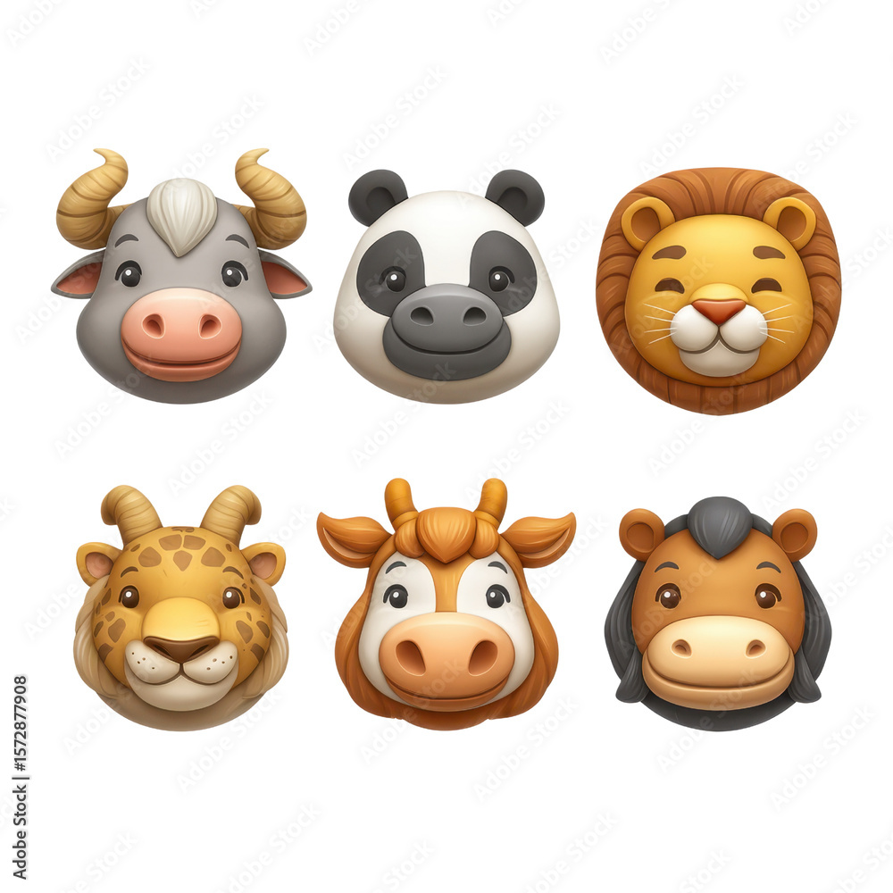 Fototapeta premium Cute and Colorful Animal Faces Emoji Collection Featuring Cow, Lion, Panda, Horse, Giraffe, and Goat for Fun Designs