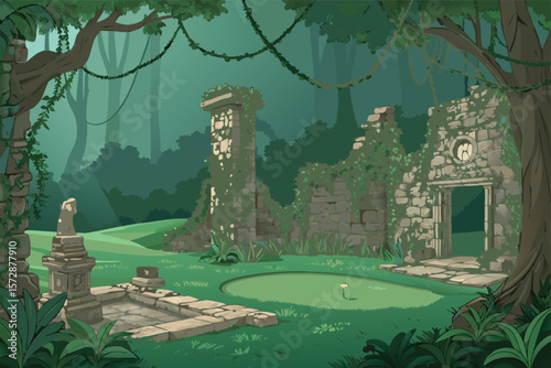 Vector jungle ruins with ancient golf course theme.