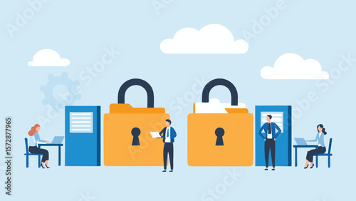 Illustration depicting data security with people, padlocks, cloud, and computers in a light blue setting
