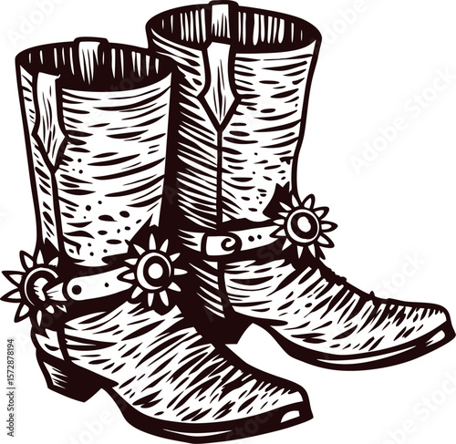 Vintage engraved illustration of worn cowboy boots with decorative spurs in rustic western
