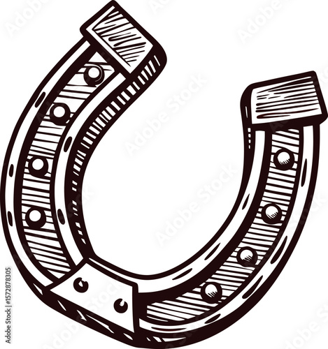 Vintage hand drawn horseshoe illustration with detailed engraving lines and rustic design isolated on white background
