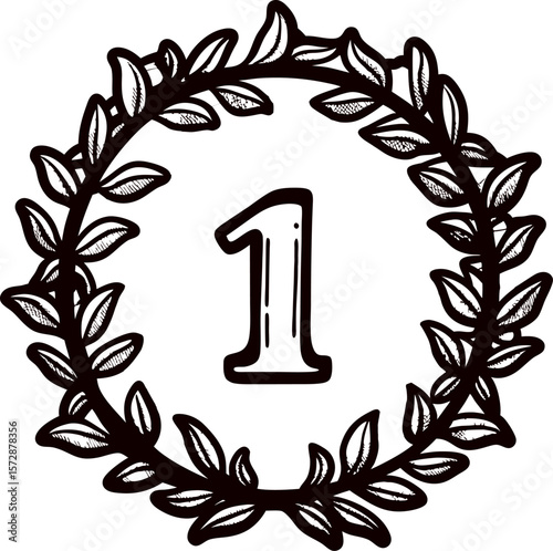 Laurel wreath with number one in vintage hand drawn sketch style, symbolizing achievement and victory