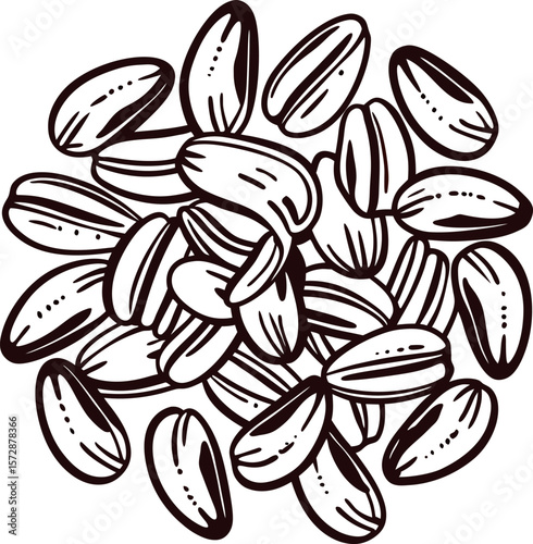 Hand drawn sunflower seeds pile black and white illustration with detailed engraved line
