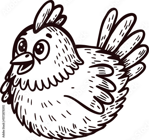 fluffy chicken with big eyes isolated on white background hand drawn cute bird sketch illustration