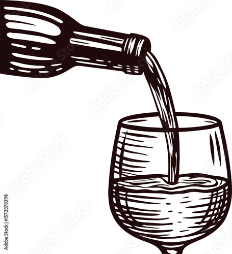 Vintage hand drawn illustration of wine being poured from a bottle into a glass goblet isolated on white background