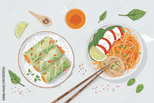 Top-down vector illustration of a couple enjoying fresh spring rolls together.