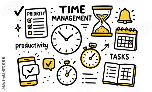 Time management concepts with clocks, schedules, and productivity symbols