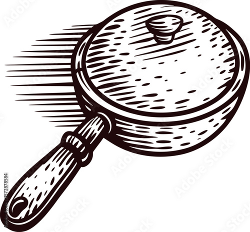 Hand drawn illustration of vintage saucepan with lid and wooden handle in engraving