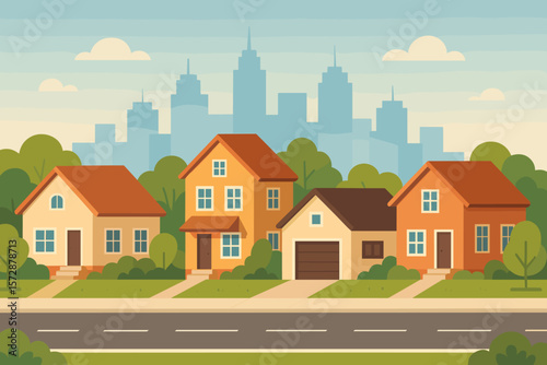 Charming suburban neighborhood with colorful houses and city skyline