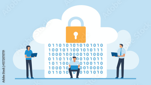 Three individuals interacting with a cloud secured by a padlock and binary code, representing data protection