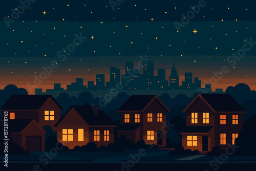 Tranquil night skies over suburban neighborhood with city skyline in background