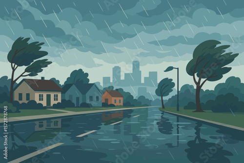 Rainy day in suburban neighborhood with reflections and overcast skies