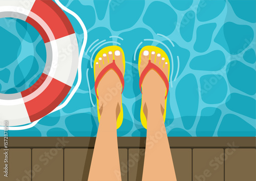 close-up of feet in flip-flops touching water in a swimming pool